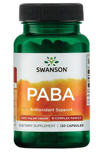 Miniatura de Um frasco de Swanson PABA - 500 mg 120 cápsulas, um suplemento antioxidante que apoia a saúde da pele e a formação de glóbulos vermelhos.