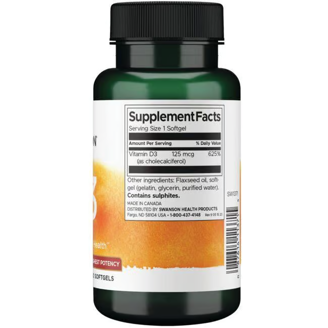 Swanson's Vitamin D3 5000 IU, 250 Softgels supports immune and bone health with 125 mcg (625% daily value) per serving, and includes a clear ingredient list on the label.