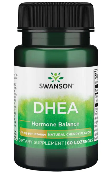 Um frasco de Swanson DHEA - 25 mg 60 pastilhas com sabor a cereja.
