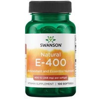 Thumbnail for A green bottle of Swanson Natural Vitamin E-400 IU, with tocopherols and known for powerful antioxidant properties as an essential nutrient, contains 100 softgels.