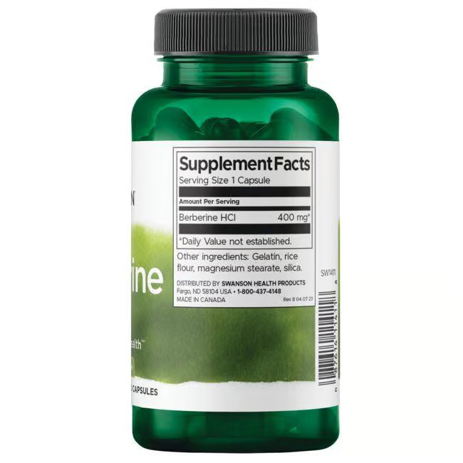 A Swanson green bottle labeled "Berberine - 400 mg 60 capsules" shows a supplement facts chart with 400 mg of Berberine HCl per capsule. It supports blood sugar metabolism with ingredients gelatin, rice flour, and magnesium stearate.