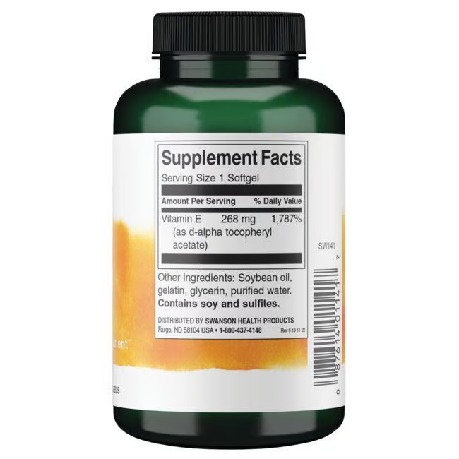 Swanson's Natural Vitamin E-400 IU Softgels boast potent antioxidant properties with 268 mg of vitamin E per serving (1,787% daily value). These softgels are enriched with tocopherols and contain soybean oil, gelatin, glycerin, and purified water.