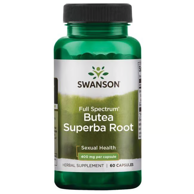 Labeled as "Swanson Butea Superba Root," this product includes 60 capsules, each with 400 mg, designed to enhance libido and support sexual health.