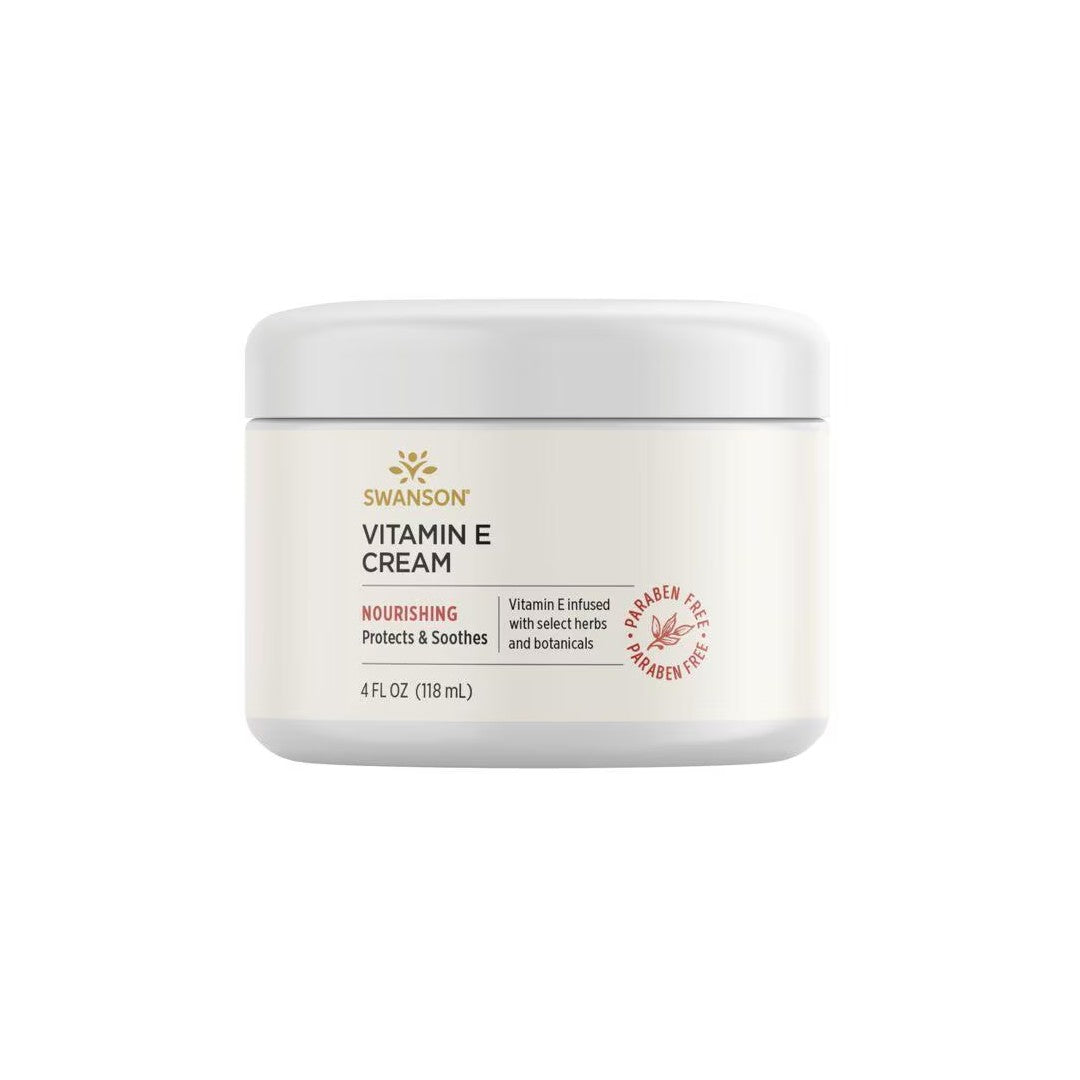 A 4 FL OZ (118 mL) container of Swanson Vitamin E Cream, labeled as nourishing, paraben-free, and infused with select herbs and botanicals for enhanced hydration.