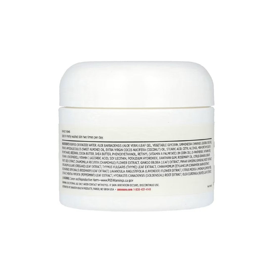 Back view of a white cylindrical container showcasing Swanson MSM Cream 59 ml, with a label listing ingredients and usage instructions in black text, ideal for skin care and cellulite reduction.