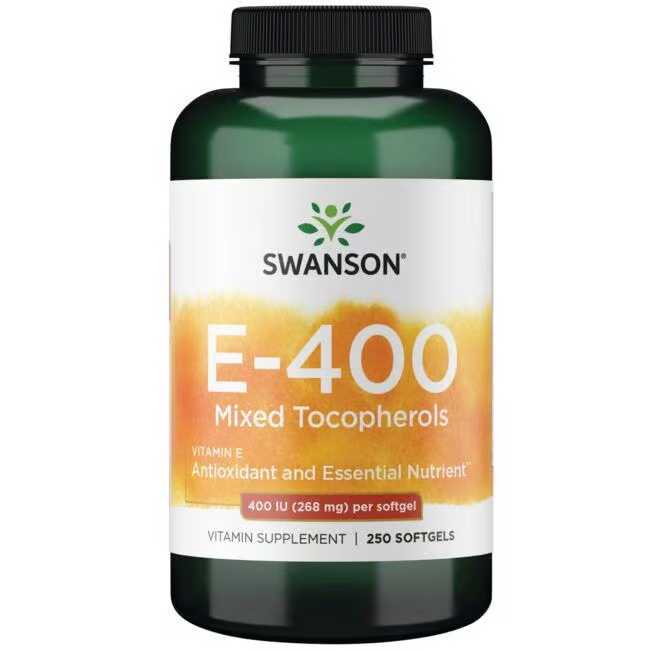 Swanson's Vitamin E-400 Mixed Tocopherols offers 250 softgels with 400 IU of essential vitamin E per serving, delivering vital antioxidants to support your health.