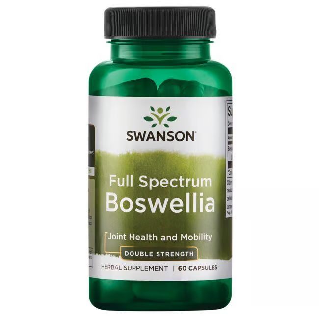 A green bottle of Swanson Boswellia 800 mg artfully labeled for joint health contains 60 capsules, rooted in Ayurvedic tradition.