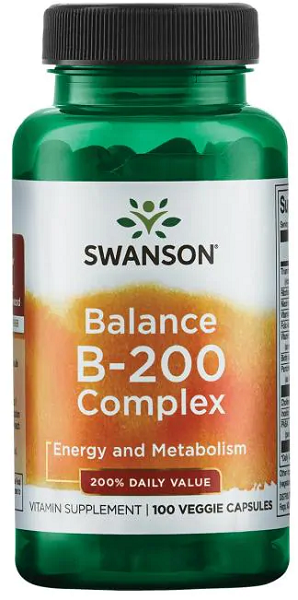 Um frasco de suplemento alimentar de Swanson Balance B-200 Complex.