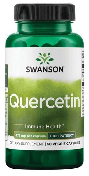 Um frasco de Swanson Quercetin 475 mg 60 vcaps, um poderoso antioxidante para melhorar o sistema imunitário e apoiar a saúde dos vasos sanguíneos.