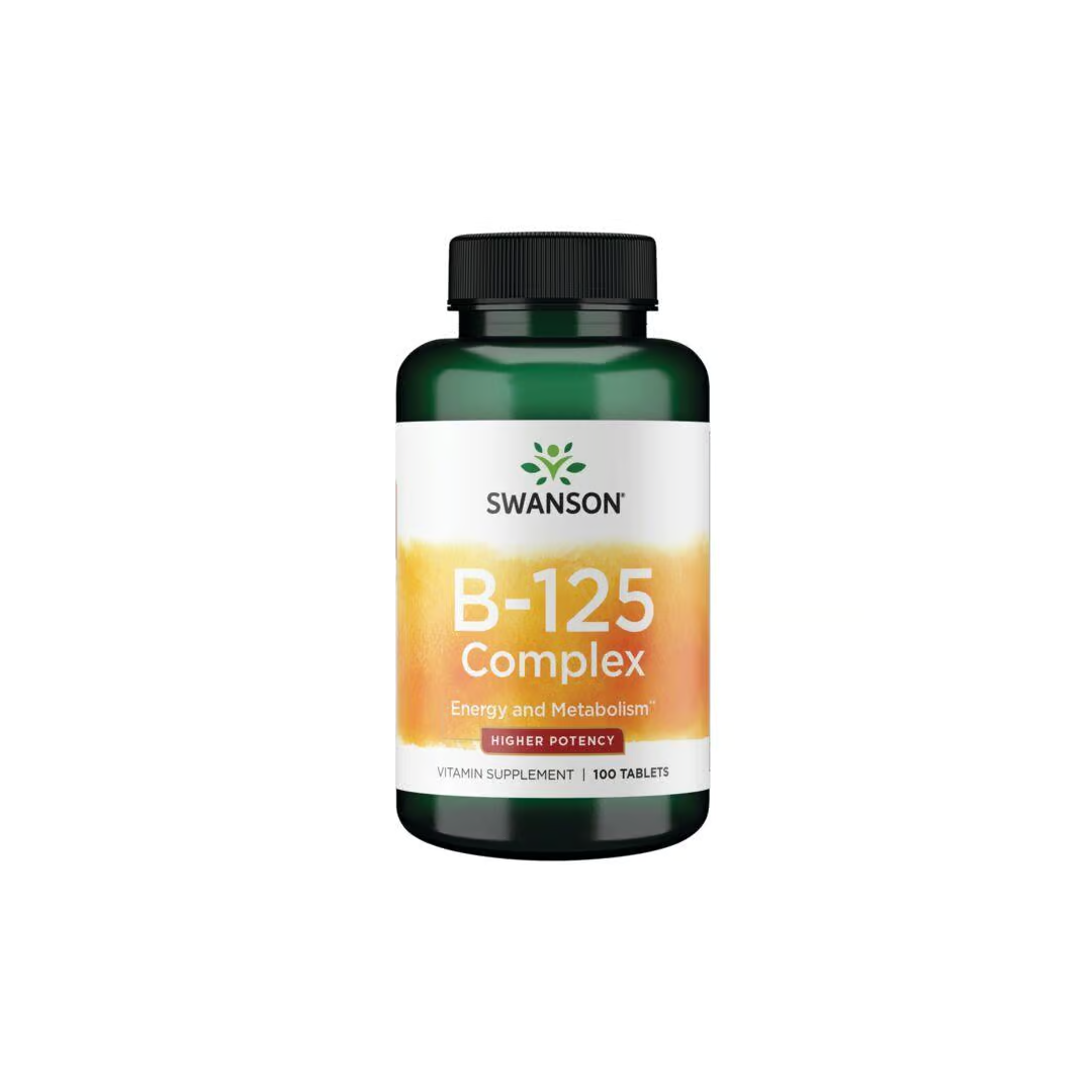 A green bottle labeled "Vitamin B-125 Complex 100 Tablets" by Swanson for metabolic support and energy production.