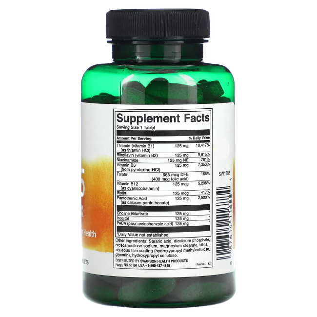 A green Swanson bottle displays supplement facts for Vitamin B-125 Complex, spotlighting vitamins B1, B2, B6, and B12, plus niacin, folic acid, pantothenic acid, and choline bitartrate to support energy and metabolism.