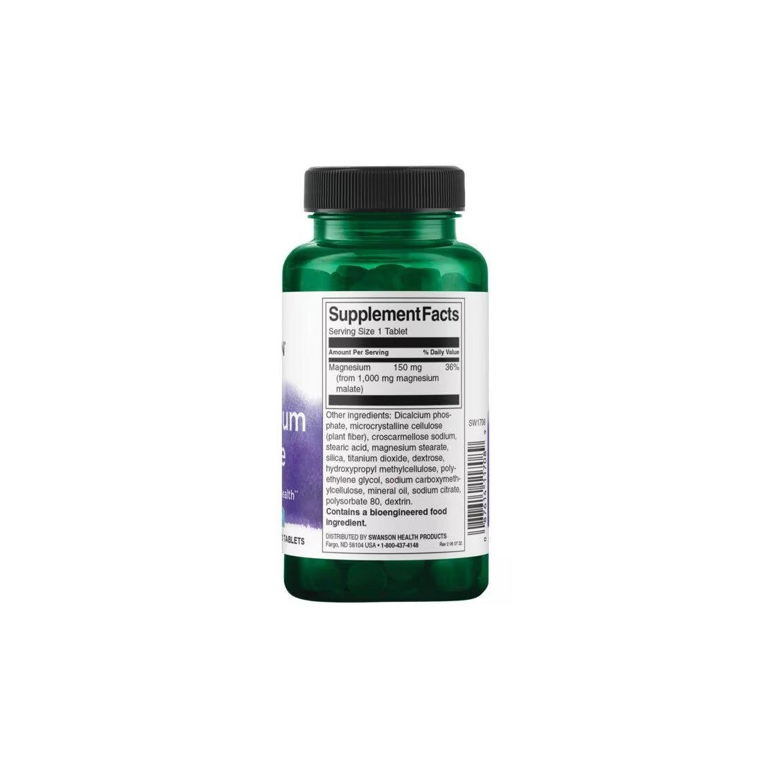 A green plastic bottle of Swanson Magnesium Malate 150 mg 60 Tablets dietary supplements with a white label listing supplement facts and ingredients for cellular energy production.