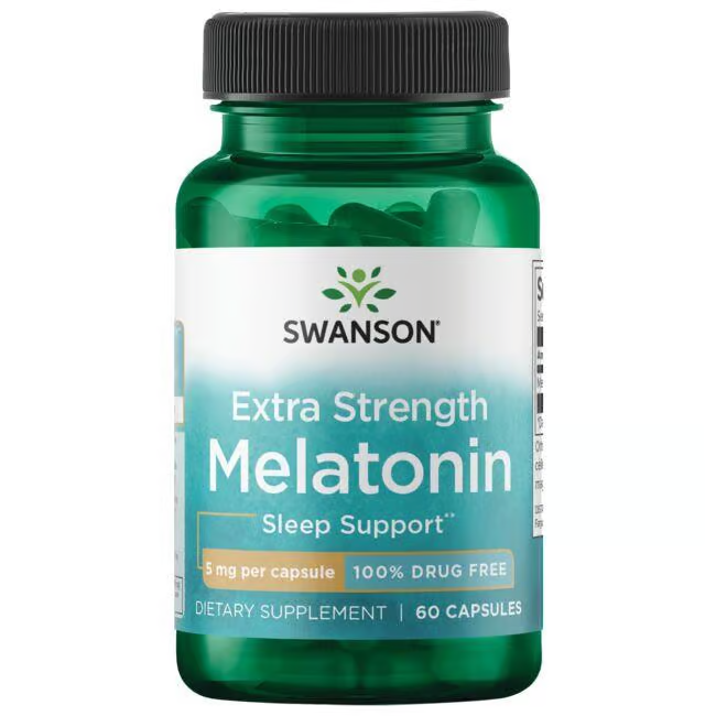 Um frasco de Swanson Extra Strength Melatonin 5 mg, contendo 60 cápsulas e rotulado como 100% livre de drogas, foi concebido para melhorar a qualidade do sono e combater o jet lag.