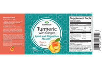 Thumbnail for Label for Swanson Turmeric with Ginger 60 Gummies - Peach, highlighting benefits, ingredients, usage instructions, and serving size. Infused with black pepper for improved absorption. Includes 60 peach-flavored vegan gummies designed to support joint and digestive health.