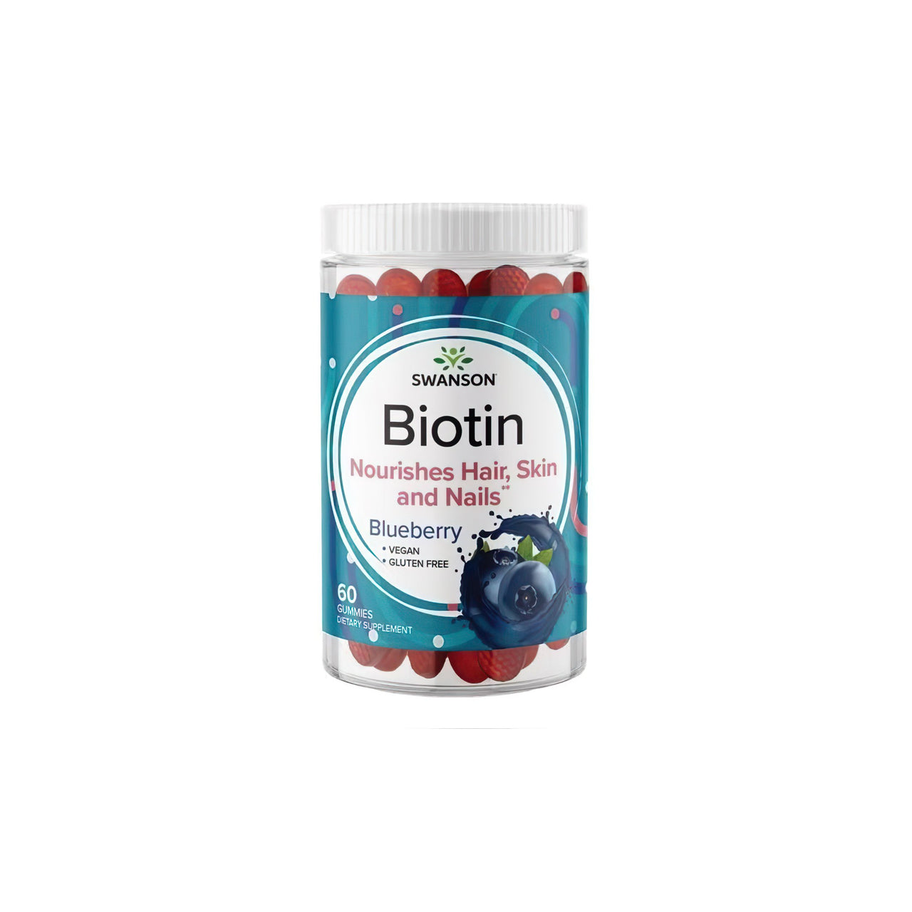 Um frasco de Swanson's Biotin 5000 mcg 60 Gummies - Blueberry.