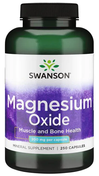 Um frasco de Swanson Óxido de Magnésio - 200 mg 250 cápsulas.