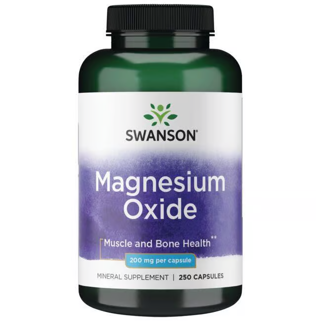 A bottle of Swanson Magnesium Oxide 200 mg, great for bone health and enzyme support, includes 250 capsules.