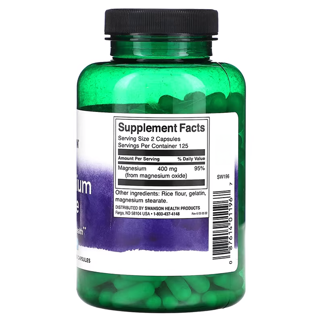 A green bottle of Swanson's Magnesium Oxide 200 mg supports enzyme reactions and bone health, offering 95% of your daily magnesium with 125 servings per container.