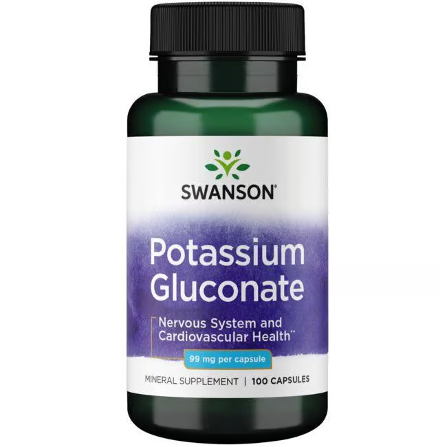 A bottle of Swanson's Potassium Gluconate 99 mg 100 Capsules is designed to support electrolyte balance and cardiovascular health.