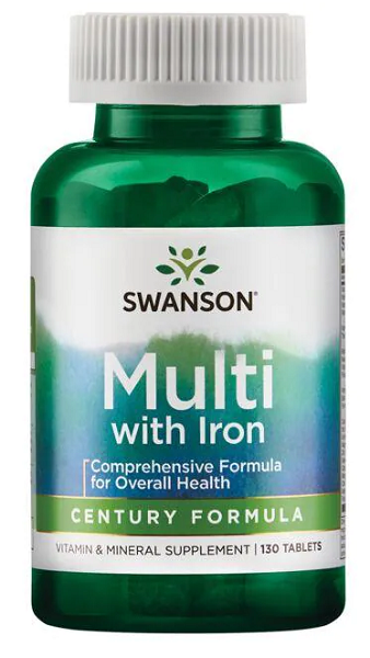 Swanson Multi with Iron 130 Tab Century Formula multivitamínico com vitaminas e minerais essenciais para proteção antioxidante.