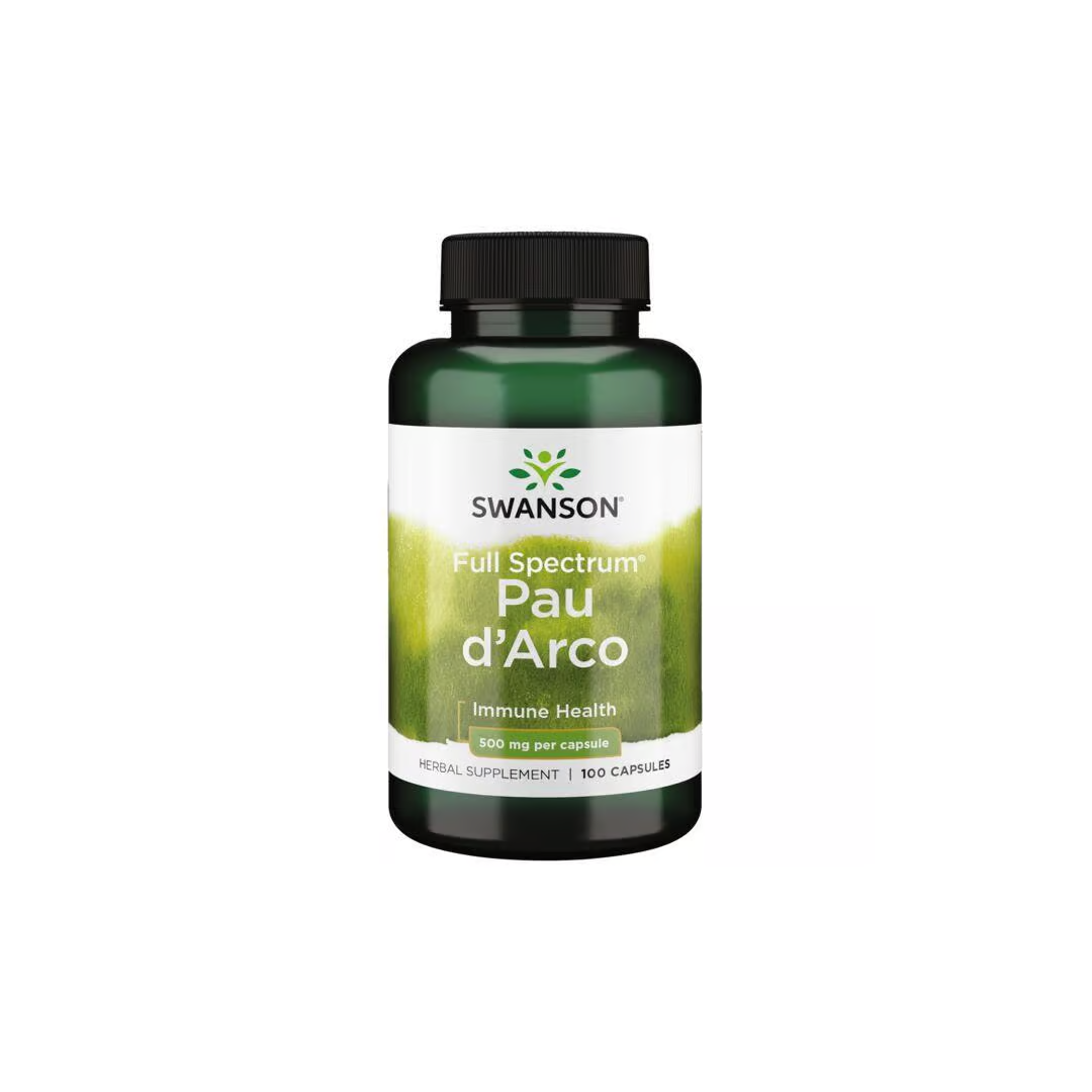 The Swanson Full Spectrum Pau d'Arco dietary supplement supports the immune system and offers antioxidant benefits in a green bottle containing 100 capsules, each with 500 mg.