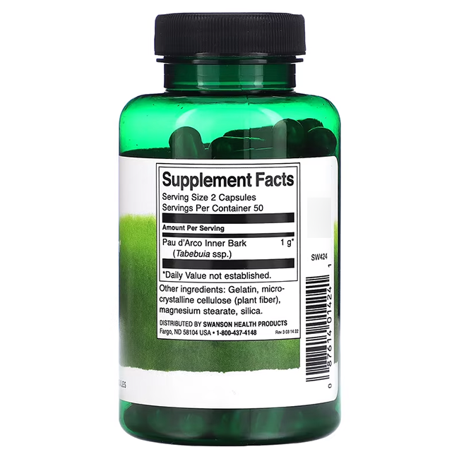 Swanson's Full Spectrum Pau d'Arco 500 mg, 100 capsules, comes in a green bottle and features inner bark along with other ingredients that support the immune system and provide antioxidant benefits.