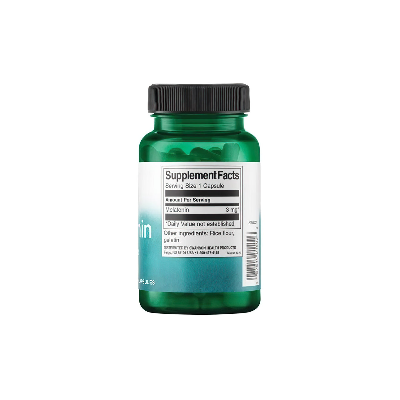 Um frasco de Swanson Melatonin - 3 mg 120 capsules sobre um fundo branco.
