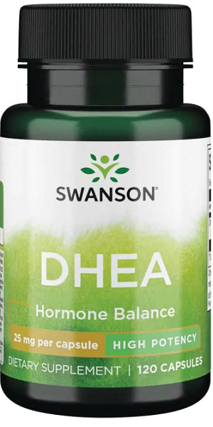 Um frasco de Swanson DHEA - High Potency - 25 mg 120 cápsulas equilíbrio hormonal.