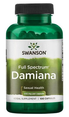 Um frasco de Swanson Damiana - 510 mg 100 cápsulas.