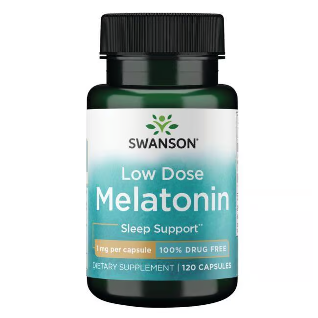 A bottle of Swanson Melatonin contains 120 capsules with 1 mg each for sleep support and regulating the sleep-wake cycle, all 100% drug-free.