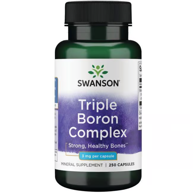 Swanson's Boron Triple Complex supplement provides 3 mg of boron per capsule, designed to promote strong, healthy bones, and comes in a bottle of 250 capsules.