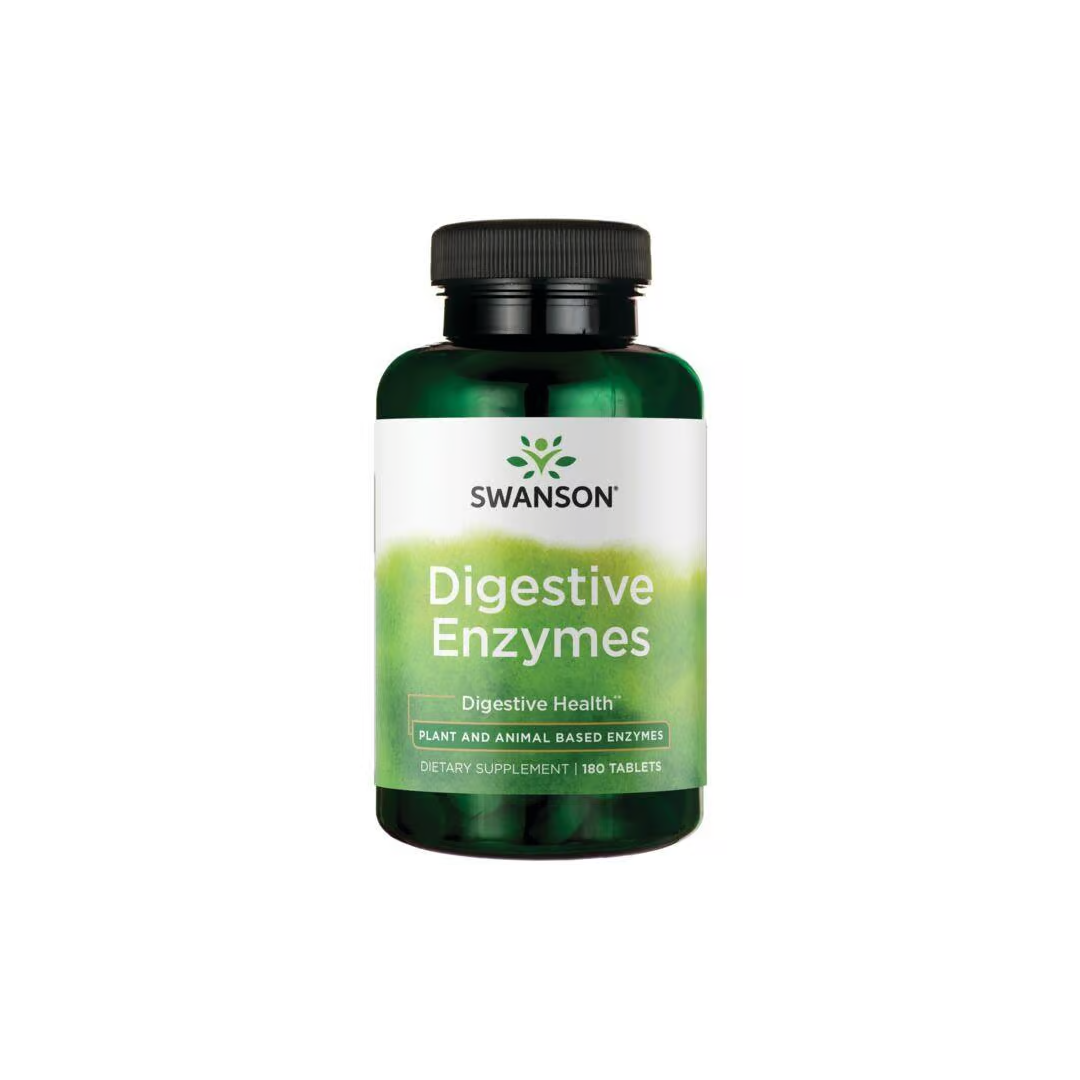 A bottle of Swanson Digestive Enzymes - 180 tabs, designed to support the digestive process and promote digestive health.