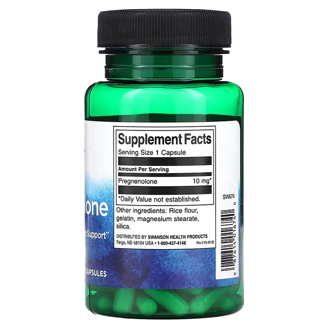 A green bottle labeled "Pregnenolone 10 mg 90 Capsules" by Swanson features supplement facts and ingredients, highlighting its role as a neurosteroid.