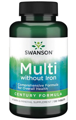 Um frasco de Swanson Multi sem ferro - 130 comprimidos, para preencheres as lacunas nutricionais.