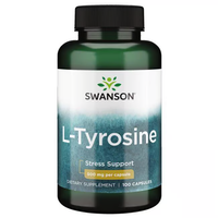 Thumbnail for Swanson's L-Tyrosine 500 mg dietary supplement, labeled for stress support, includes 100 capsules. This essential amino acid aids in dopamine production, promoting mental well-being.