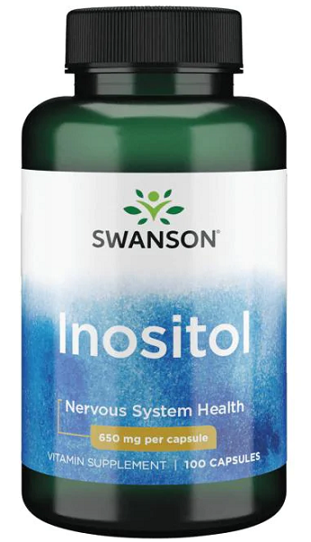 Um frasco de Swanson Inositol - 650 mg 100 cápsulas.