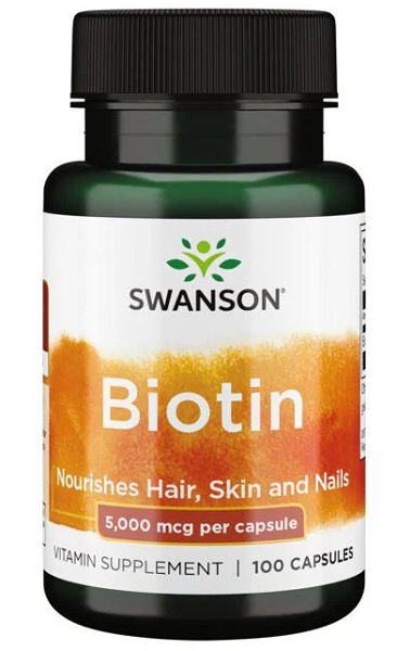Suplemento alimentar para o cabelo, a pele e as unhas em 100 cápsulas - Swanson Biotina - 5 mg.