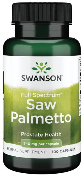 Um suplemento de apoio à próstata que contém Swanson's Saw Palmetto - 540 mg 100 cápsulas.