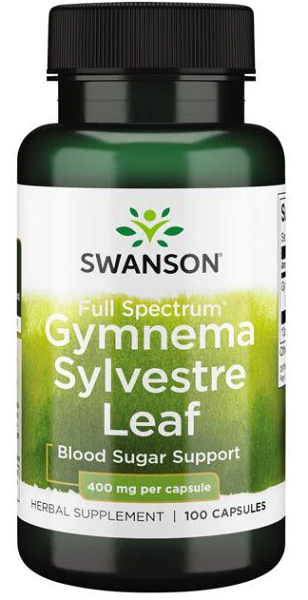 Um frasco de Swanson Gymnema Sylvestre Leaf - 400 mg 100 cápsulas.