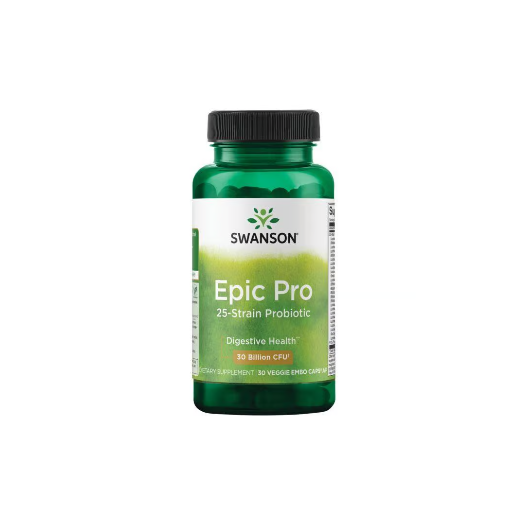 The "Swanson Epic Pro 25-Strain Probiotic" contains 30 veggie embo capsules and offers 30 billion CFU to enhance digestive health and support beneficial intestinal microflora.