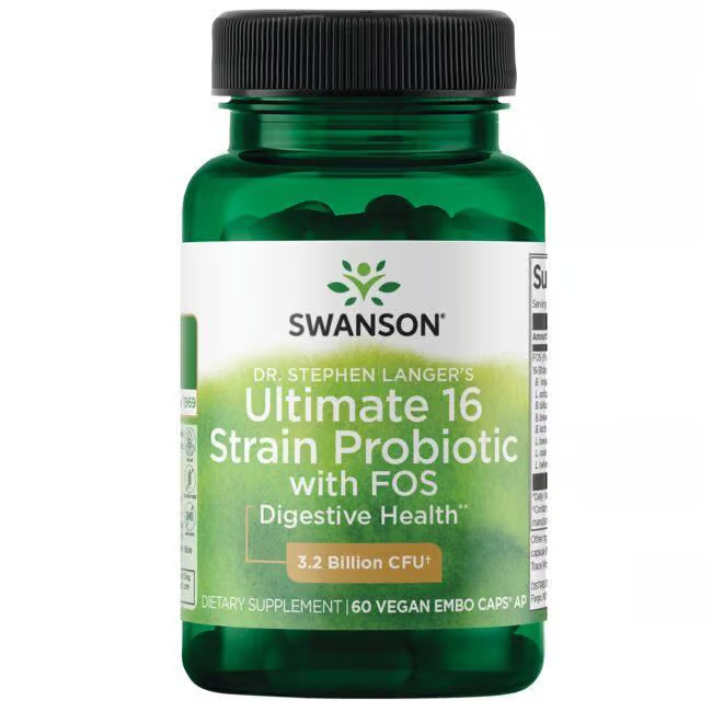 The green bottle of "Dr. Stephen Langer's Ultimate 16 Strain Probiotic with FOS" by Swanson offers 60 veggie EMBO Caps AP, each containing 3.2 billion CFU to support digestion and promote healthy intestinal function.