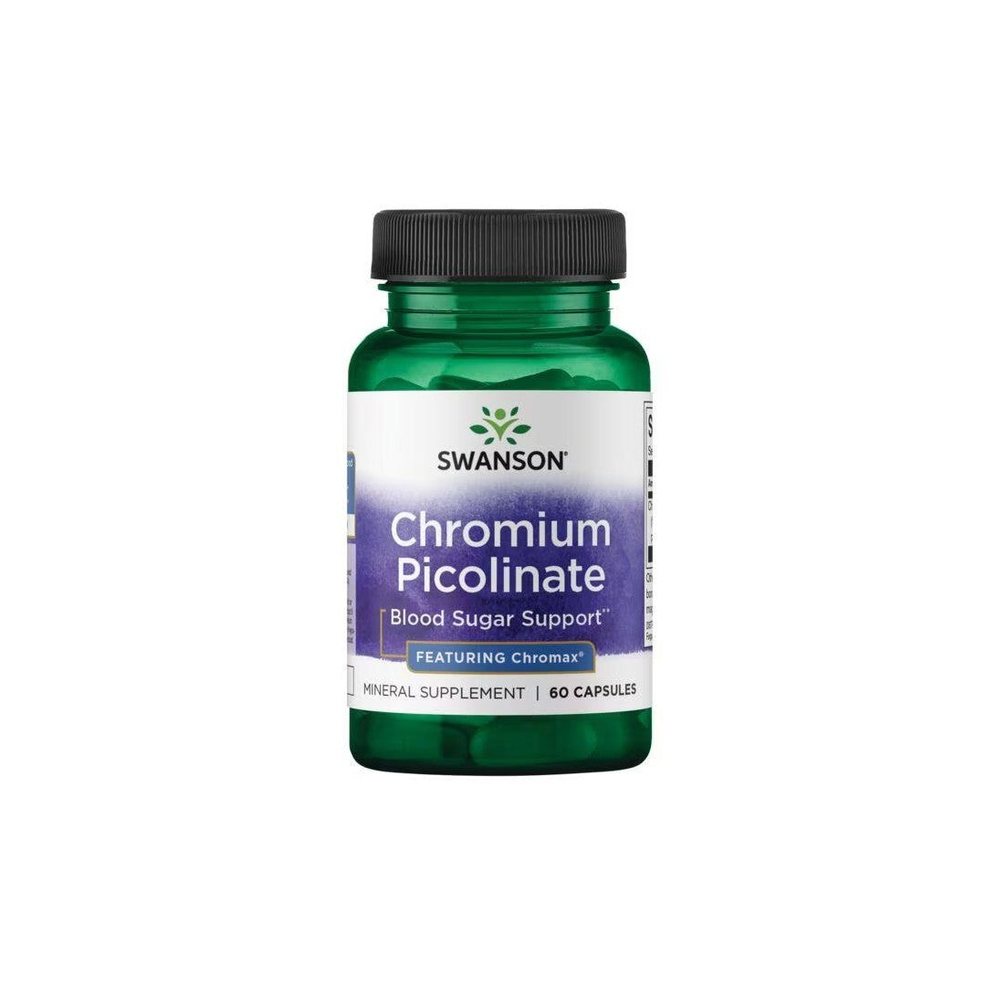 Bottle of Swanson Chromium Picolinate dietary supplement with 60 capsules, labeled for glucose metabolism and blood sugar support.