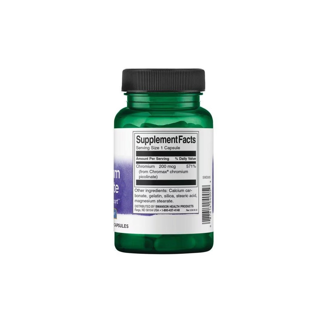 A bottle of Chromax 200 mcg Chromium Picolinate dietary supplement by Swanson displaying its nutritional label, designed for weight management and glucose metabolism.