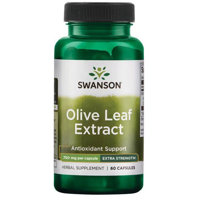 Swanson's Olive Leaf Extract provides extra strength and antioxidant support with 750 mg of oleuropein per capsule, offering immune support in a green bottle containing 60 capsules.