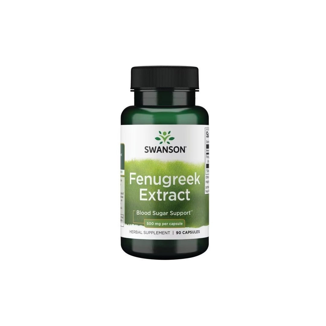 Swanson Fenugreek Extract 500 mg 90 Capsules dietary supplement, with label indicating glucose metabolism support.