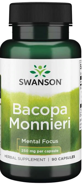 Swanson Bacopa Monnieri é um suplemento alimentar para a concentração mental que fornece 250 mg em 90 cápsulas.