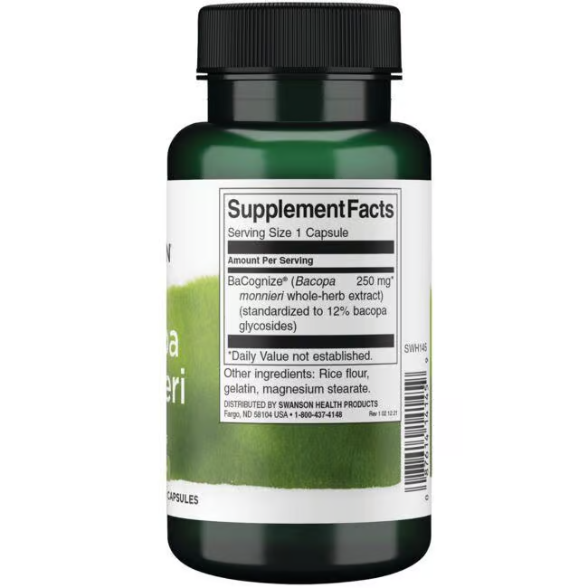 Green bottle labeled "Bacopa Monnieri 250 mg 90 Capsules" containing BaCognize (Bacopa Monnieri) for its adaptogenic properties in Ayurveda, plus rice flour, gelatin, magnesium stearate. "Daily Value not established." Distributed by Swanson.