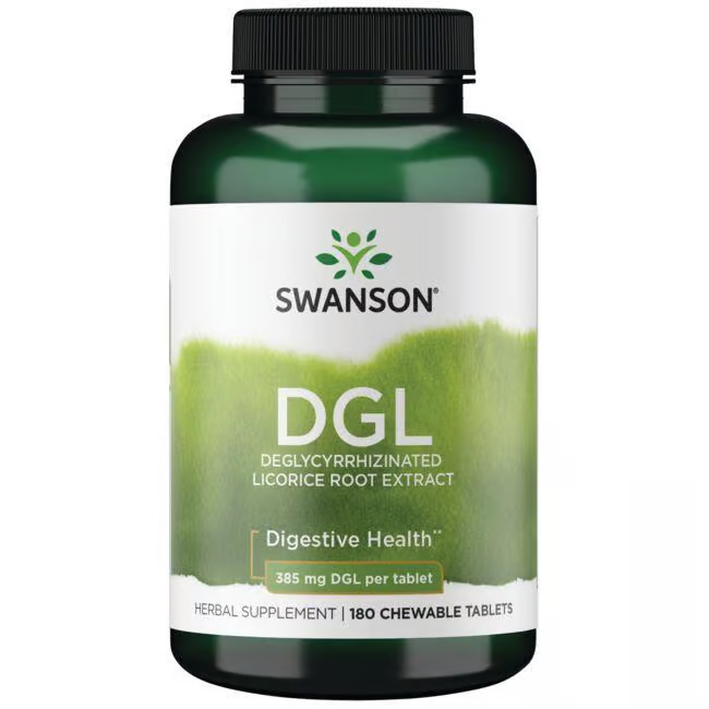 A bottle of DGL Deglycyrrhizinated Licorice Root Extract 385 mg from Swanson, labeled for digestive health, with 180 chewable tablets.