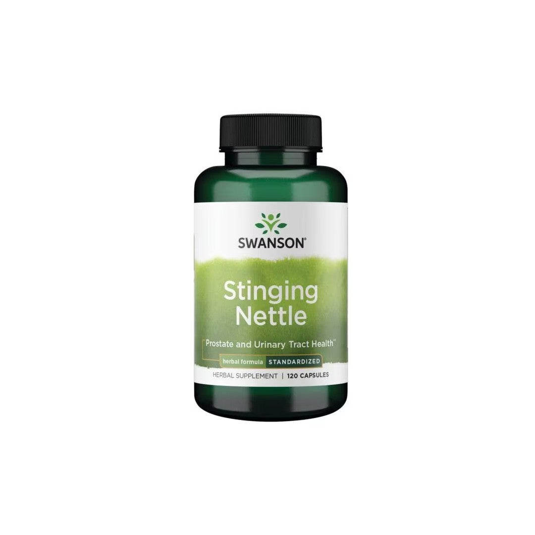 A green bottle of Swanson Stinging Nettle - Standardized 120 Capsules herbal supplement, promoting prostate health and supporting the immune system for optimal urinary tract health.