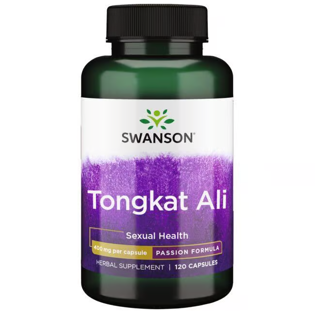 Swanson's Tongkat Ali 400 mg, with 120 capsules, enhances vitality and passion for sexual health. Also known as Pasak Bumi and labeled "Passion Formula," these natural aphrodisiac supplements boost vitality and passion.